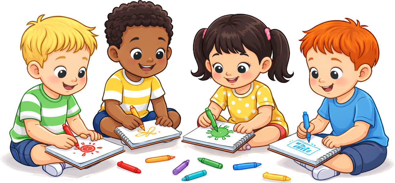 Four young children absorbed in colouring together