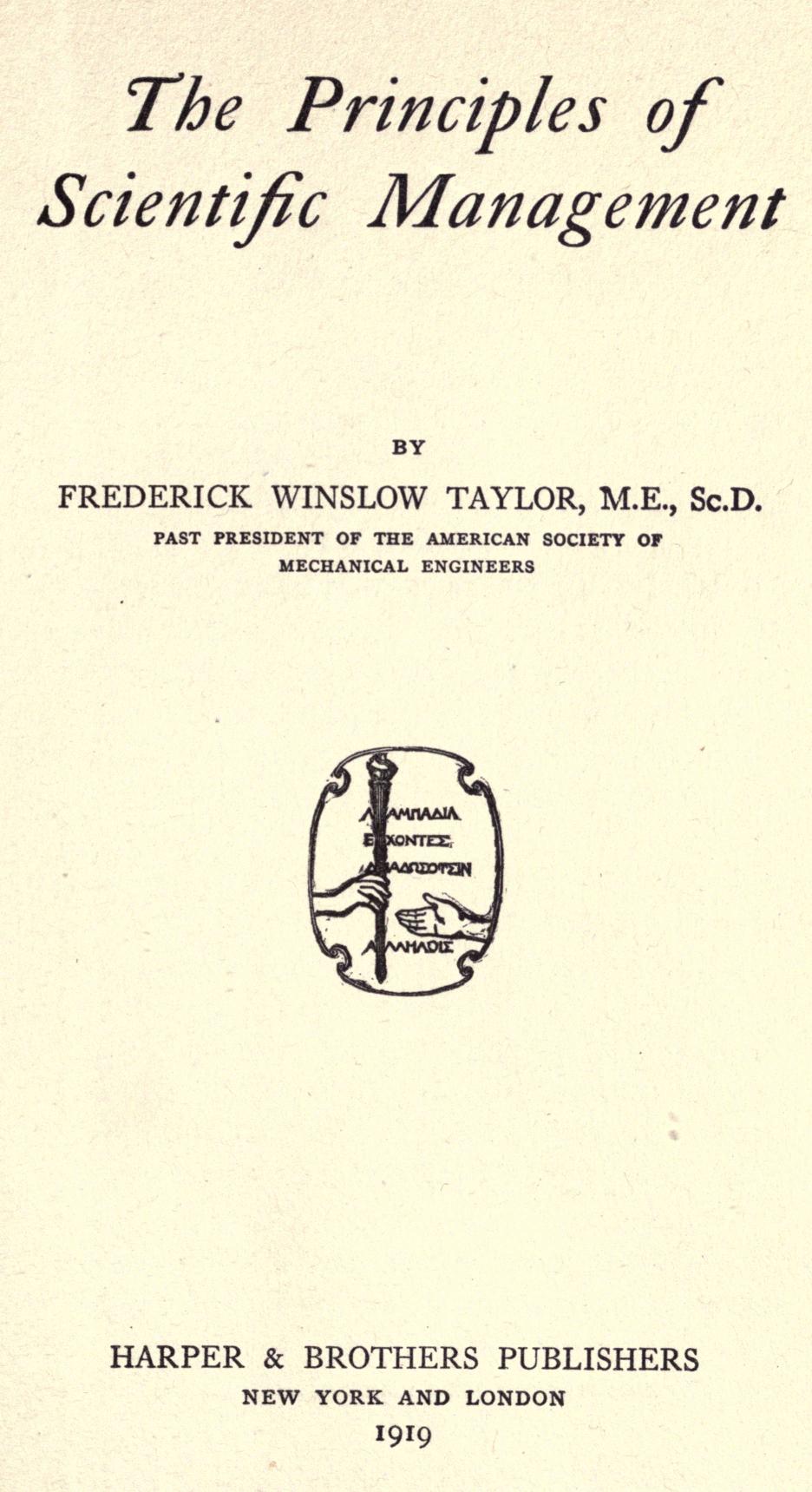 Title page of The Principles of Scientific Management, 1911