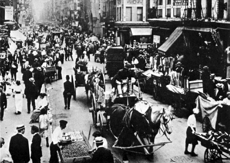 A crowded New York City street scene, 1912